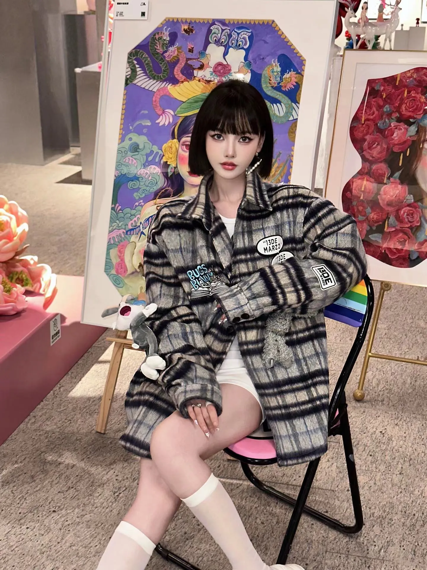 13De Marzo X Looney Tunes Blue Bugs Bunny Plaid Shirt Coat