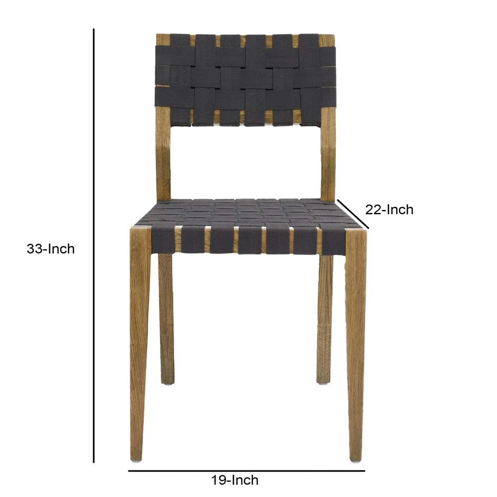 22 Inch Dining Side Chair Set of 2, Woven Black Polyester, Brown Oak Wood By Casagear Home