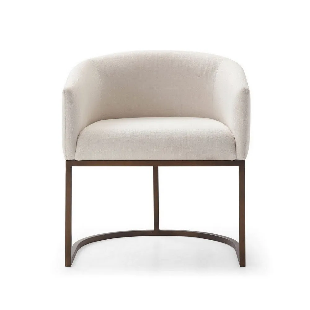 24 Inch Dining Chair, Curved Back, Antique Brass Base, Off White Fabric By Casagear Home