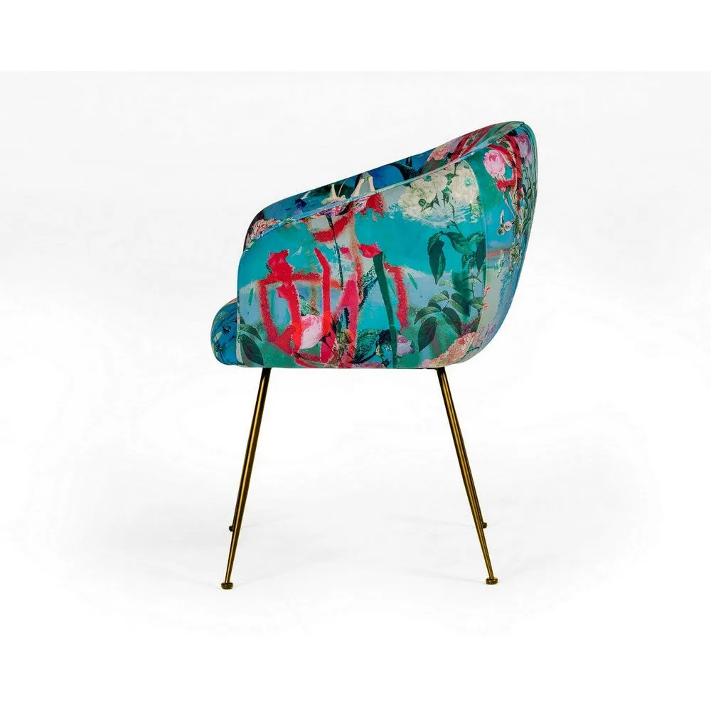 25 Inch Dining Chair, Floral Design, Gold Legs, Blue Velvet Upholstery By Casagear Home