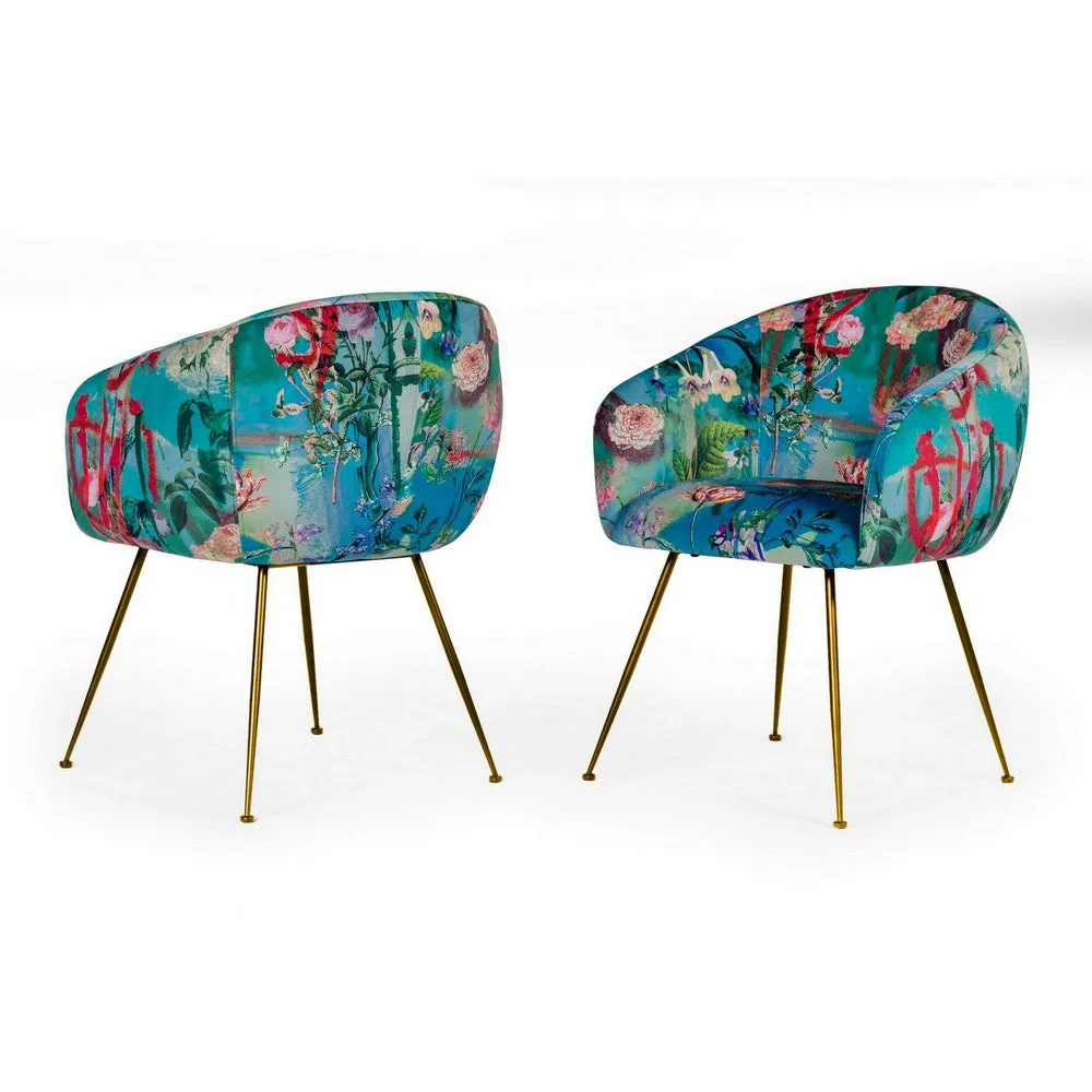 25 Inch Dining Chair, Floral Design, Gold Legs, Blue Velvet Upholstery By Casagear Home