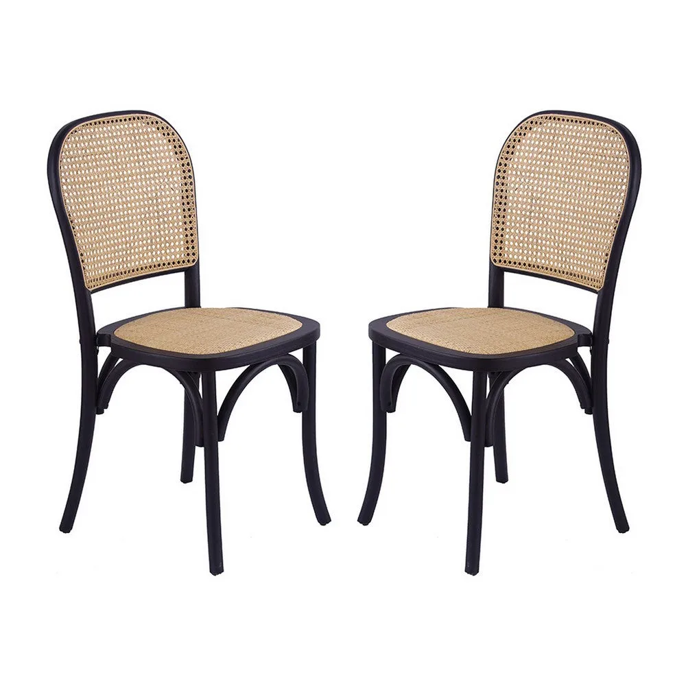 38 Inch Dining Chairs Set of 2, Stackable, Woven Cane, Beech Wood, Black By Casagear Home