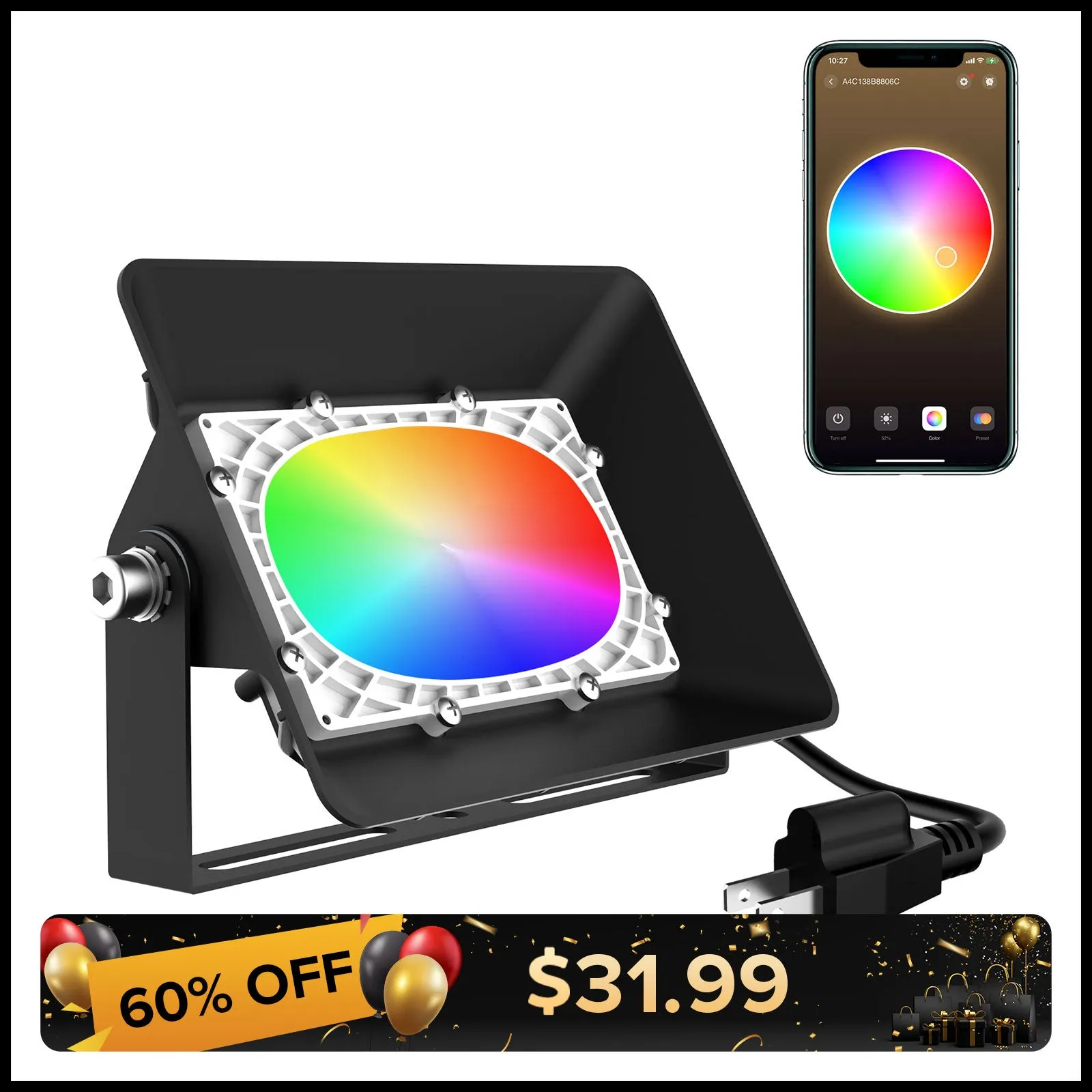 50W Smart RGB LED Flood Light (Bluetooth Controlled) (US ONLY)