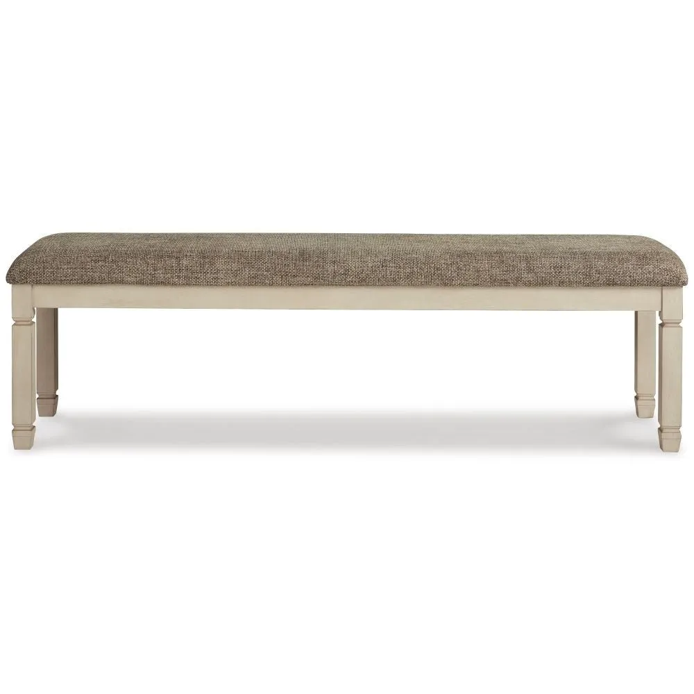 65 Inch Two Tone Dining Bench, Woven Fabric Cushion, Vintage White Wood By Casagear Home