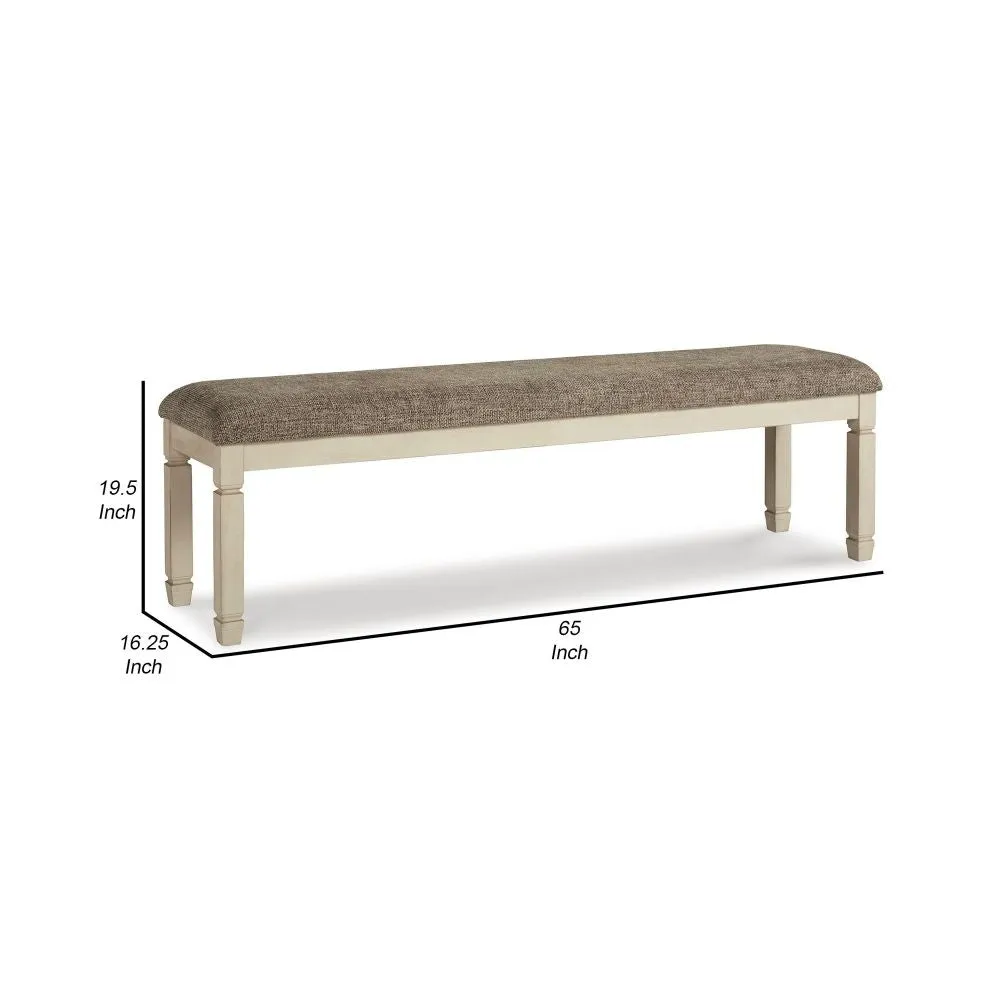 65 Inch Two Tone Dining Bench, Woven Fabric Cushion, Vintage White Wood By Casagear Home