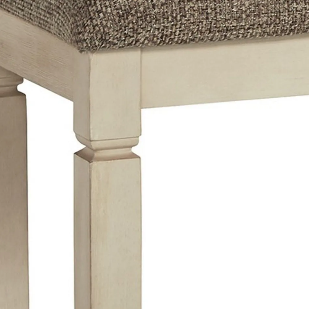 65 Inch Two Tone Dining Bench, Woven Fabric Cushion, Vintage White Wood By Casagear Home