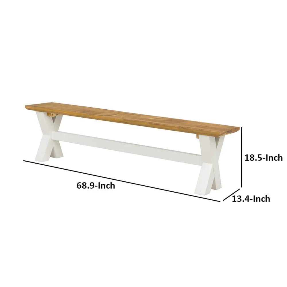 70 Inch Dining Bench, White X Leg Trestle Base, Acacia Wood, Brown Seat By Casagear Home