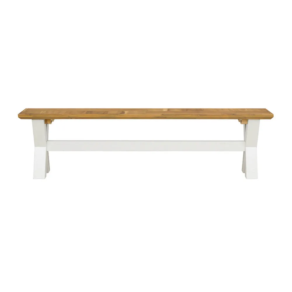 70 Inch Dining Bench, White X Leg Trestle Base, Acacia Wood, Brown Seat By Casagear Home