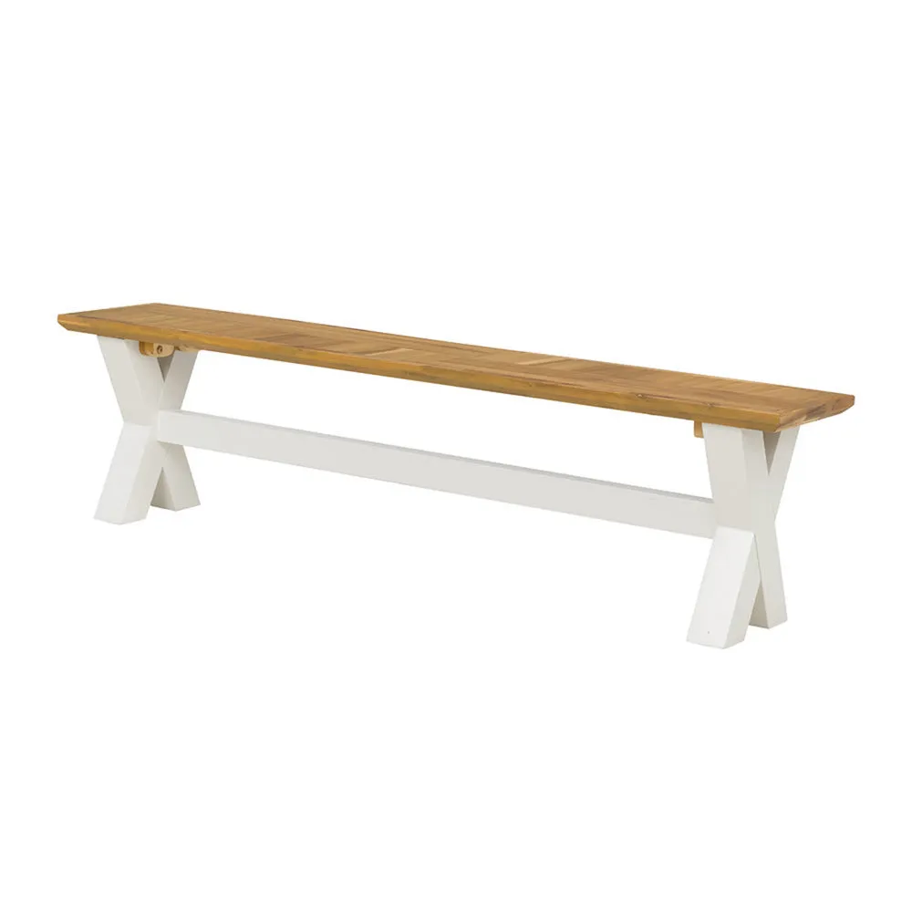 70 Inch Dining Bench, White X Leg Trestle Base, Acacia Wood, Brown Seat By Casagear Home