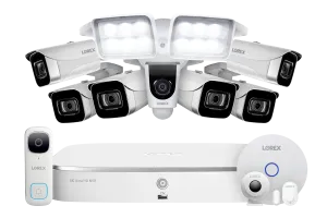 8-Channel NVR Fusion System with Six 4K (8MP) IP Cameras, 2K Wi-Fi Video Doorbell, Wi-Fi Floodlight Camera and Smart Sensor Starter Kit