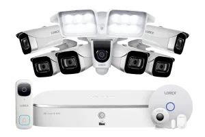 8-Channel NVR Fusion System with Six 4K (8MP) IP Cameras, 2K Wi-Fi Video Doorbell, Wi-Fi Floodlight Camera and Smart Sensor Starter Kit