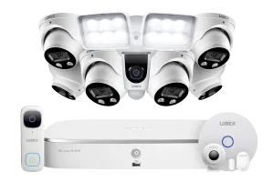 8-Channel NVR Fusion System with Six 4K HD Smart Deterrence IP Dome Cameras, 2K Wi-Fi Video Doorbell, Wi-Fi Floodlight Camera and Smart Sensor Starter Kit