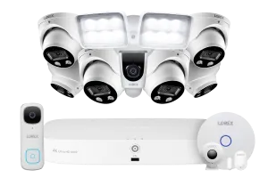 8-Channel NVR Fusion System with Six 4K Smart Deterrence IP Dome Security Cameras, 2K Wi-Fi Video Doorbell, Wi-Fi Floodlight Camera and Smart Sensor Starter Kit