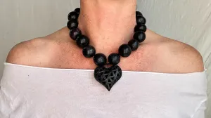 Barro Negro Heart Pendant Necklace. Oaxacan Black Clay. Sterling Silver. 2300