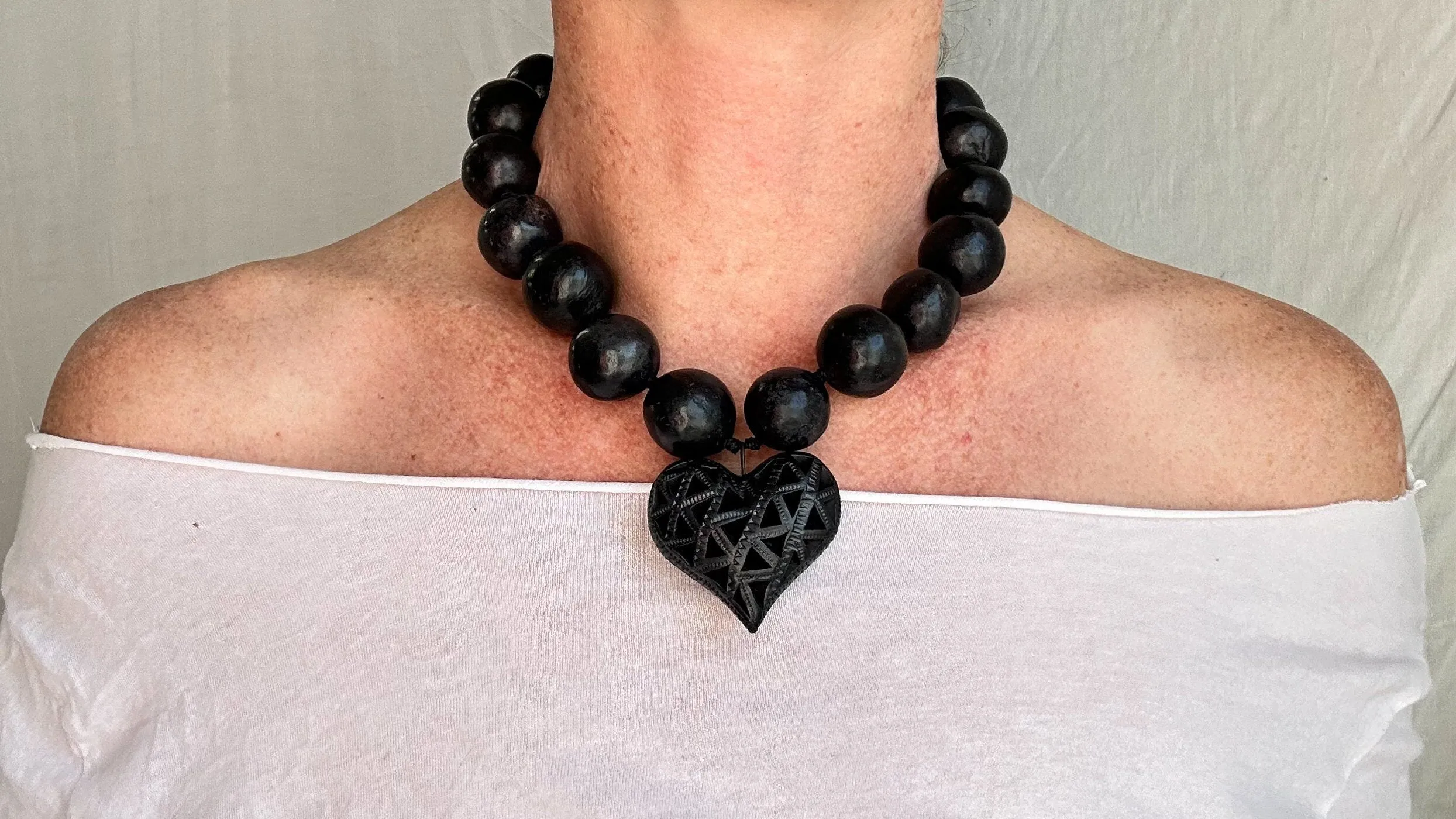 Barro Negro Heart Pendant Necklace. Oaxacan Black Clay. Sterling Silver. 2300