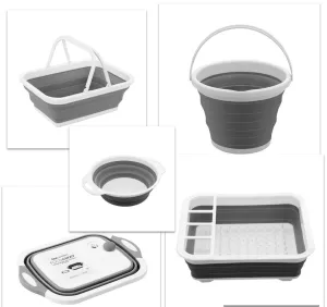 Camping / Caravan Collapsible Silicone 5 Piece set - Dish Drainer - Bucket - Cutting Board - Basket - Strainer