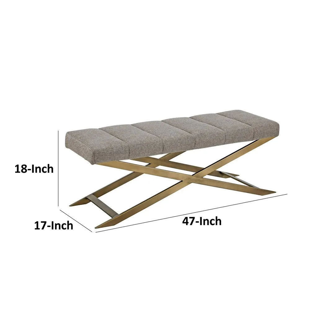 Cid Shia 47 Inch Accent Bench, Tufted Gray, X Shape Brushed Brass Legs By Casagear Home