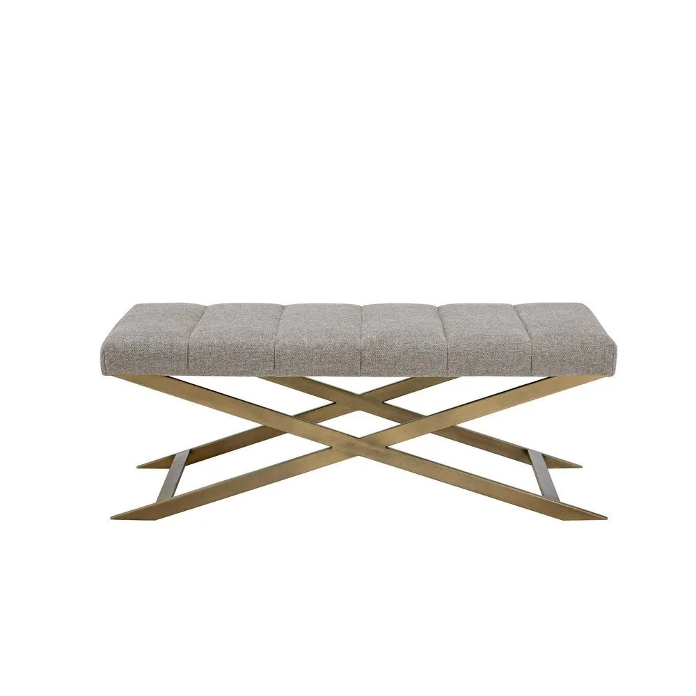 Cid Shia 47 Inch Accent Bench, Tufted Gray, X Shape Brushed Brass Legs By Casagear Home