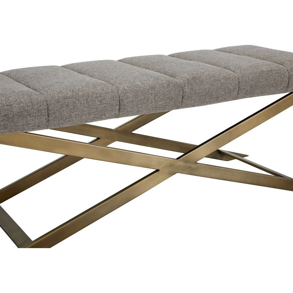 Cid Shia 47 Inch Accent Bench, Tufted Gray, X Shape Brushed Brass Legs By Casagear Home