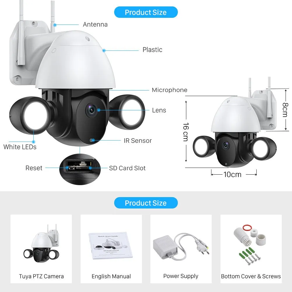 Cloud 3MP Tuya Floodlight WiFi Camera Outdoor 30M Color Night Vision Home Security Camera Auto Tacking Photo Alarm PTZ IP Camera