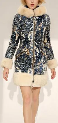 Fur-Trim Paisley Puffer Coat