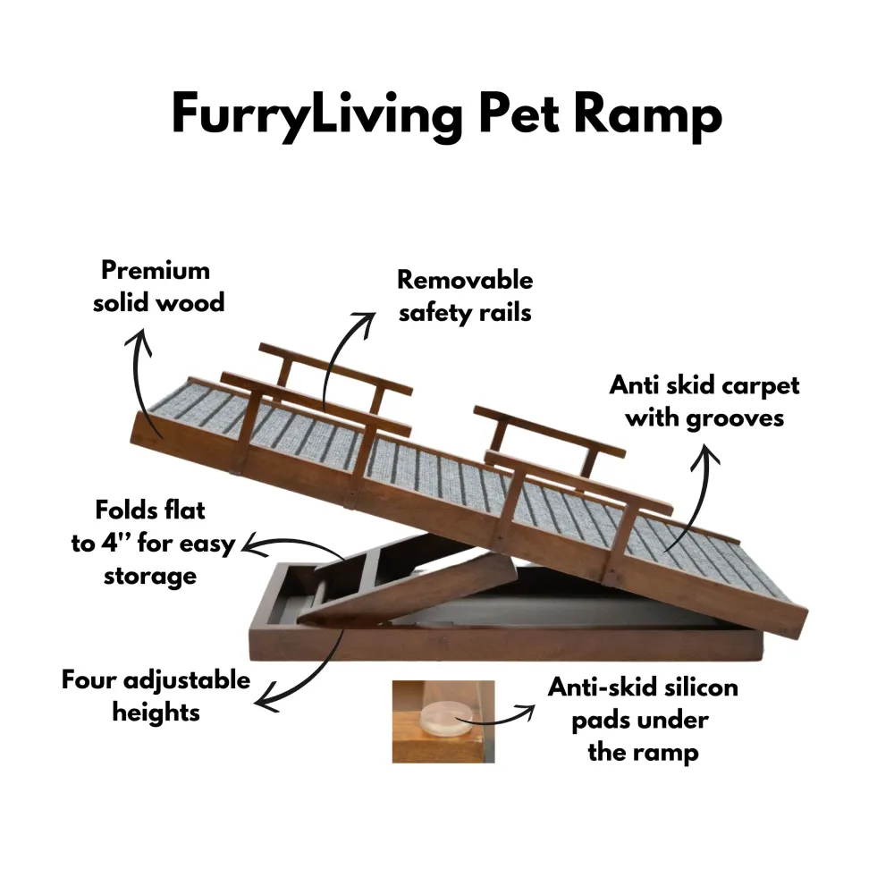 FurryLiving Wooden Ramp with Safety Rails for Dogs and Cats (Teak Brown)