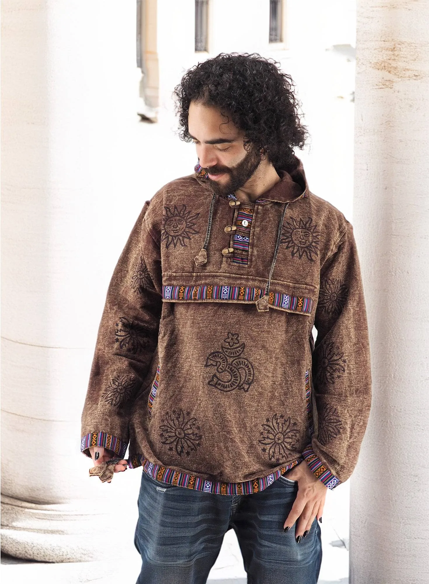 Handmade Casual Boho Cotton Unisex Jackets Hoodies Size S-M-L-XL Brown