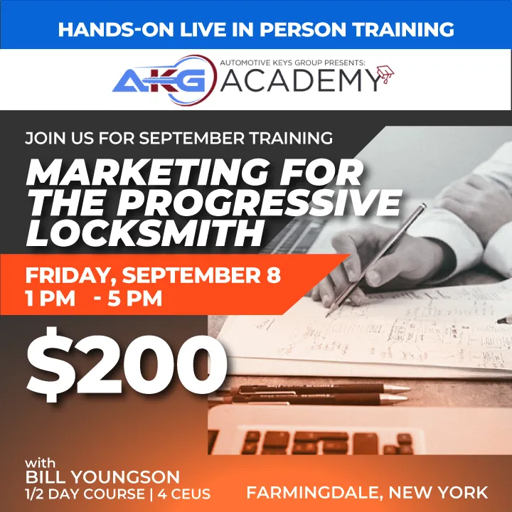 Hands-On Live In-Person Training - Marketing For The Progressive Locksmith with Bill Youngson - 1/2 Day Course - 4 CEU's (September 8, 2023 - Farmingdale, NY)