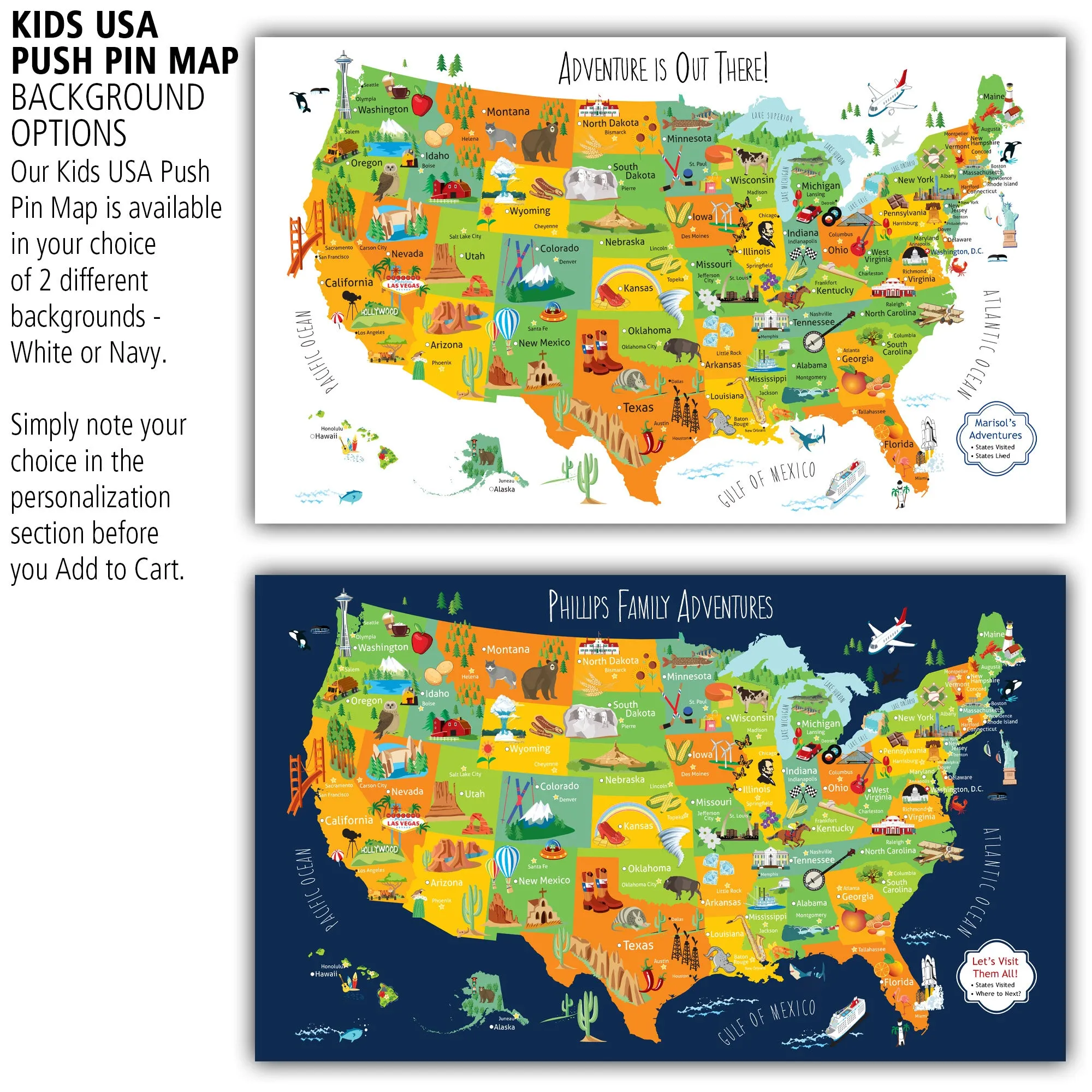 Kids USA Push Pin Map in Bright Colors - Single Panel