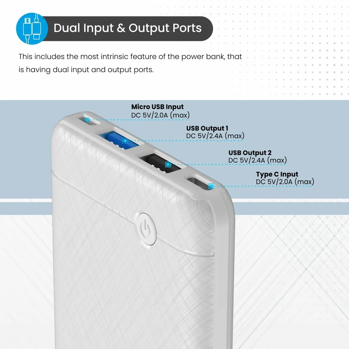 Portronics Power Brick II 10000 mAh,2.4A 12w Slim Power Bank with Dual USB Output Port for iPhone, Anrdoid & Other Devices.(White)