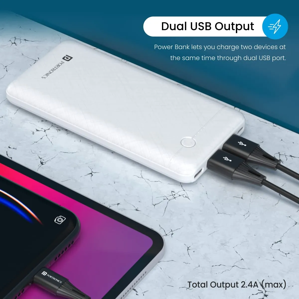 Portronics Power Brick II 10000 mAh,2.4A 12w Slim Power Bank with Dual USB Output Port for iPhone, Anrdoid & Other Devices.(White)