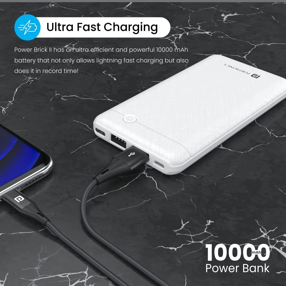 Portronics Power Brick II 10000 mAh,2.4A 12w Slim Power Bank with Dual USB Output Port for iPhone, Anrdoid & Other Devices.(White)