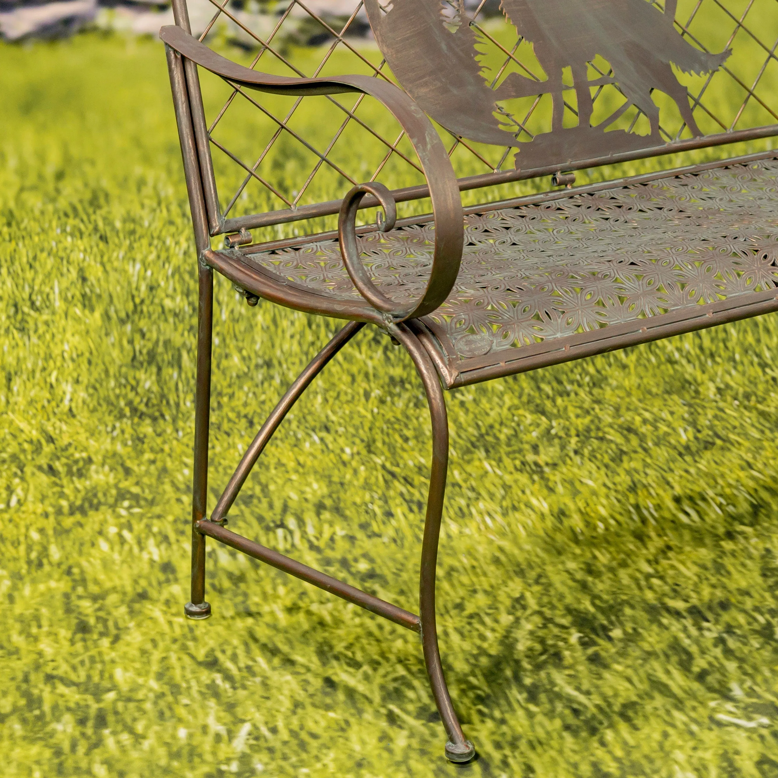 "Gunnison" Iron Garden Bench with Howling Wolf and Moon Silhouette