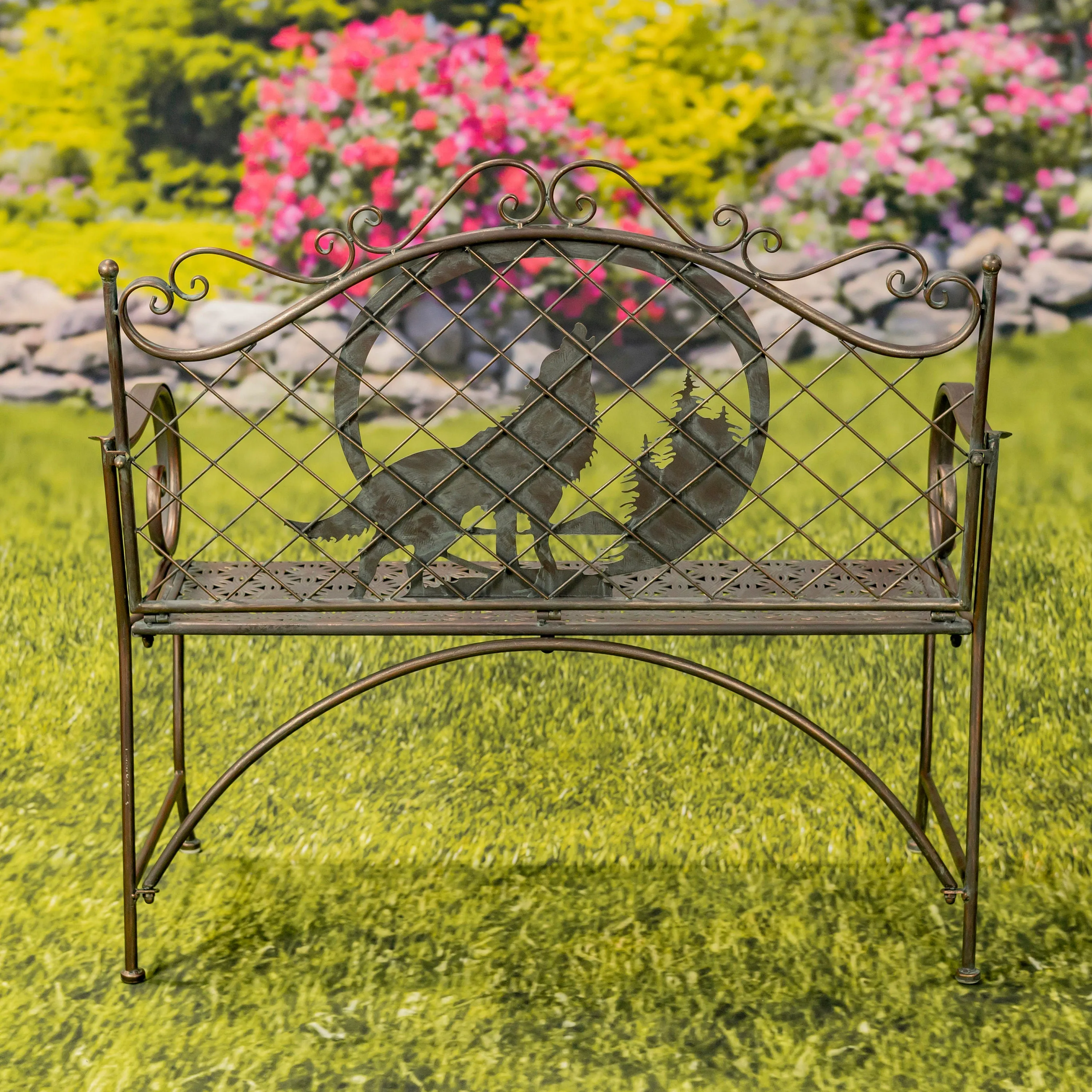 "Gunnison" Iron Garden Bench with Howling Wolf and Moon Silhouette