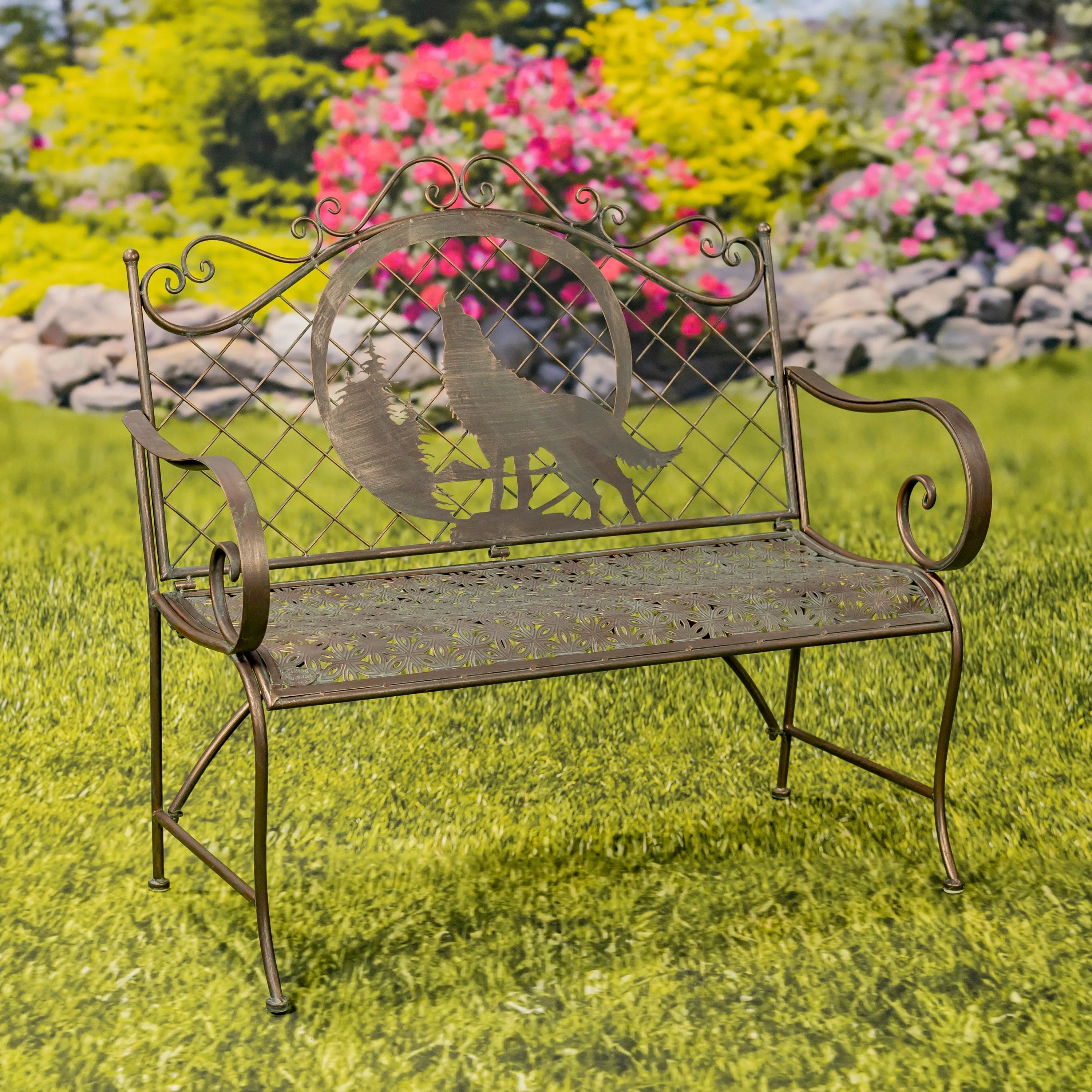 "Gunnison" Iron Garden Bench with Howling Wolf and Moon Silhouette