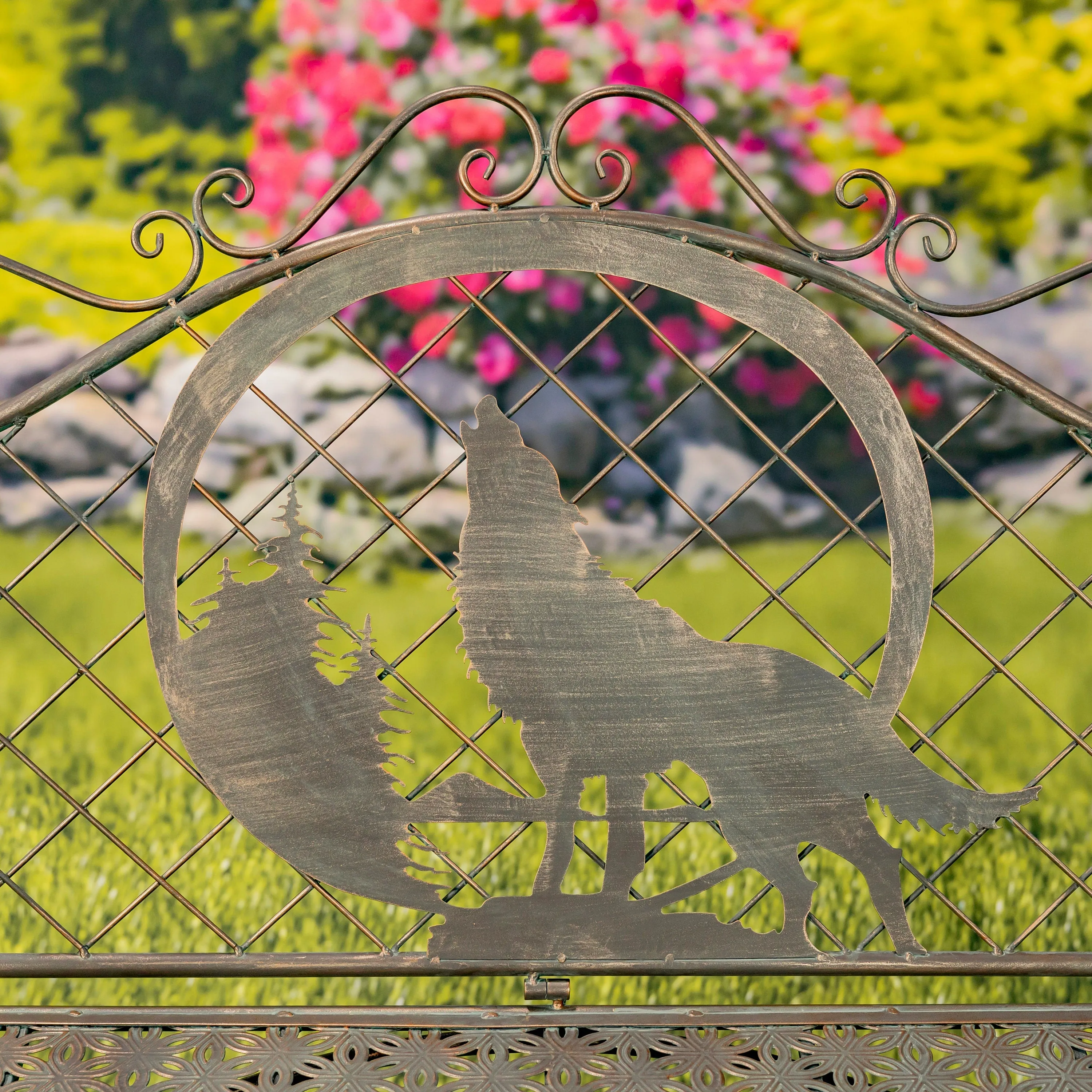 "Gunnison" Iron Garden Bench with Howling Wolf and Moon Silhouette