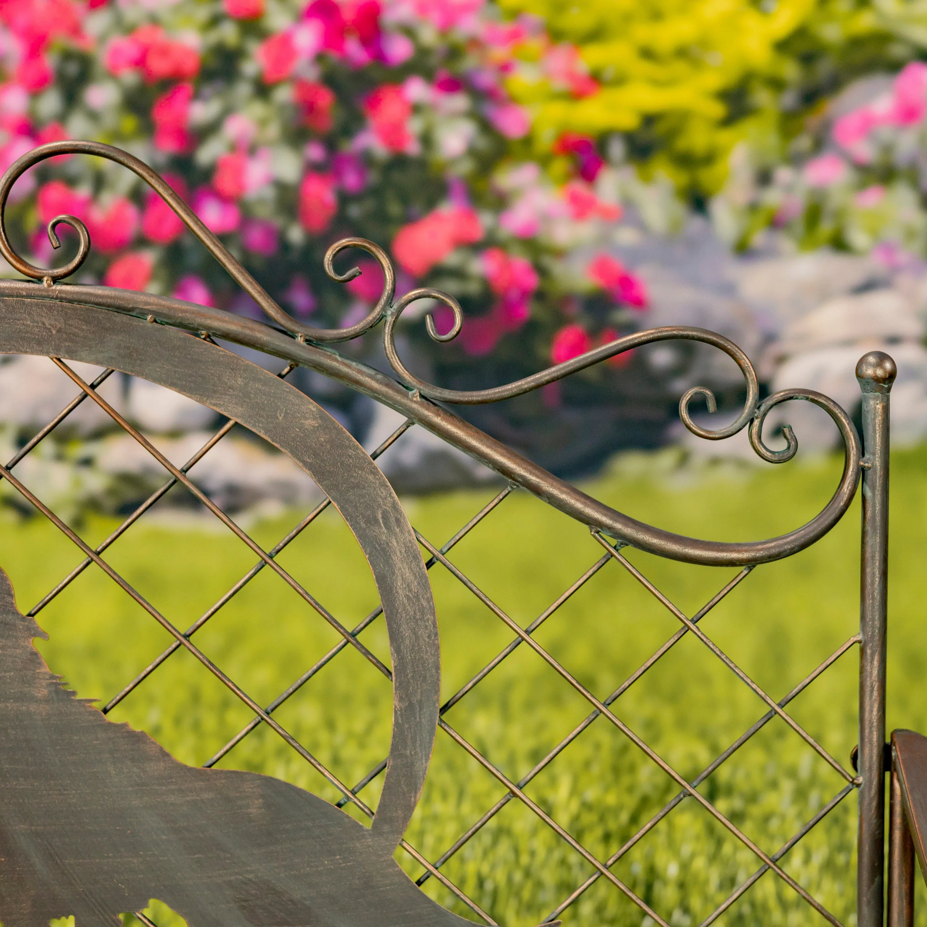 "Gunnison" Iron Garden Bench with Howling Wolf and Moon Silhouette