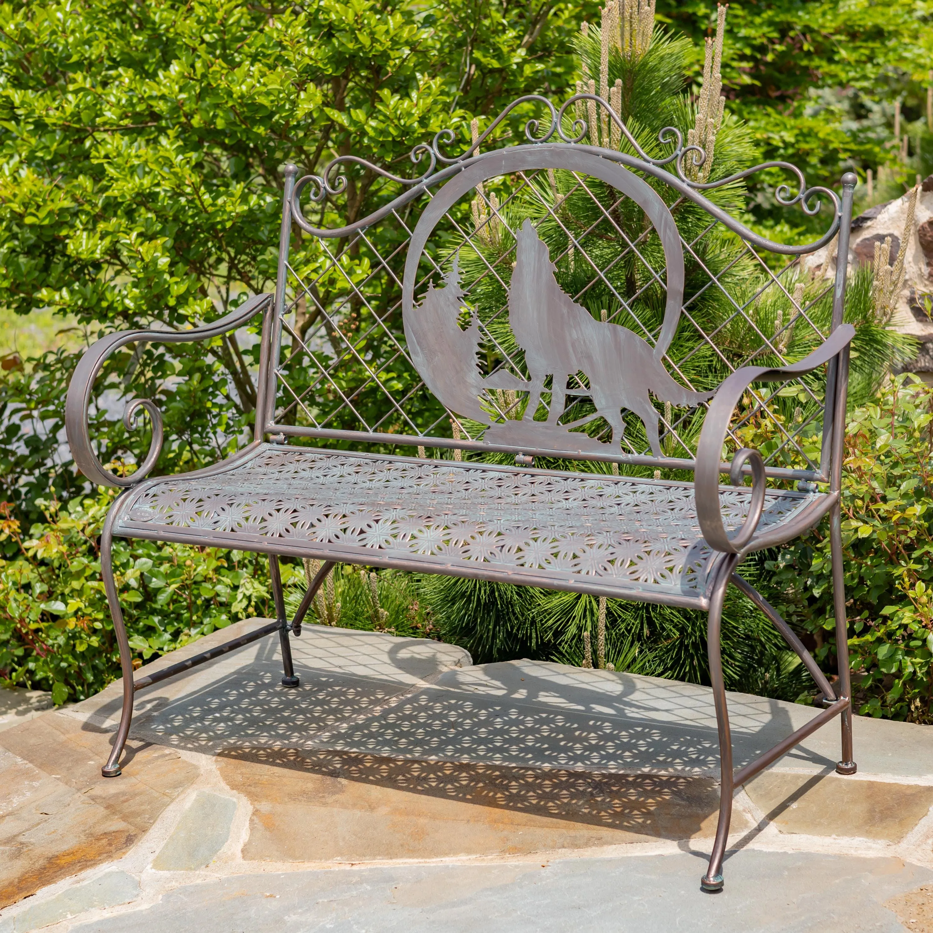 "Gunnison" Iron Garden Bench with Howling Wolf and Moon Silhouette