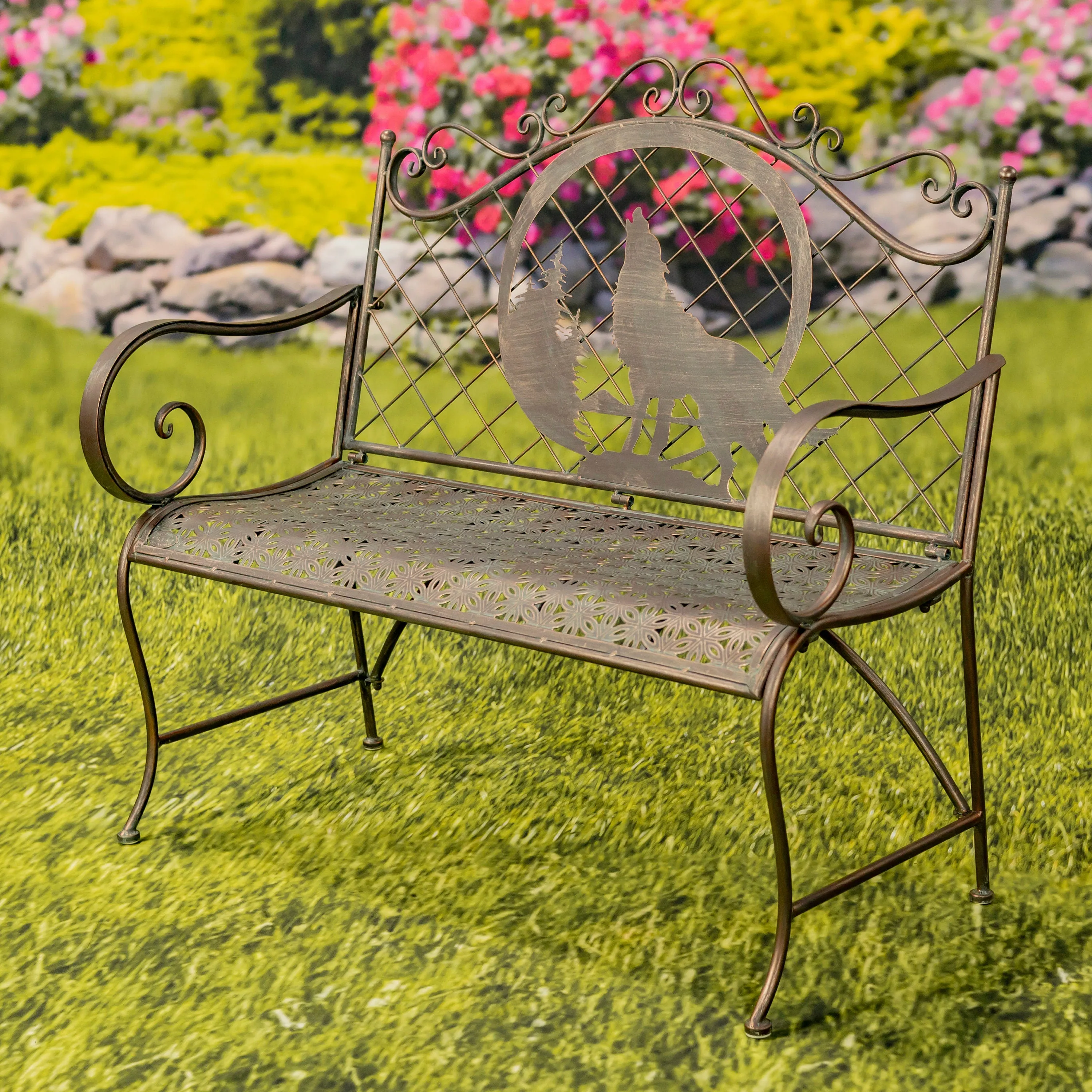 "Gunnison" Iron Garden Bench with Howling Wolf and Moon Silhouette