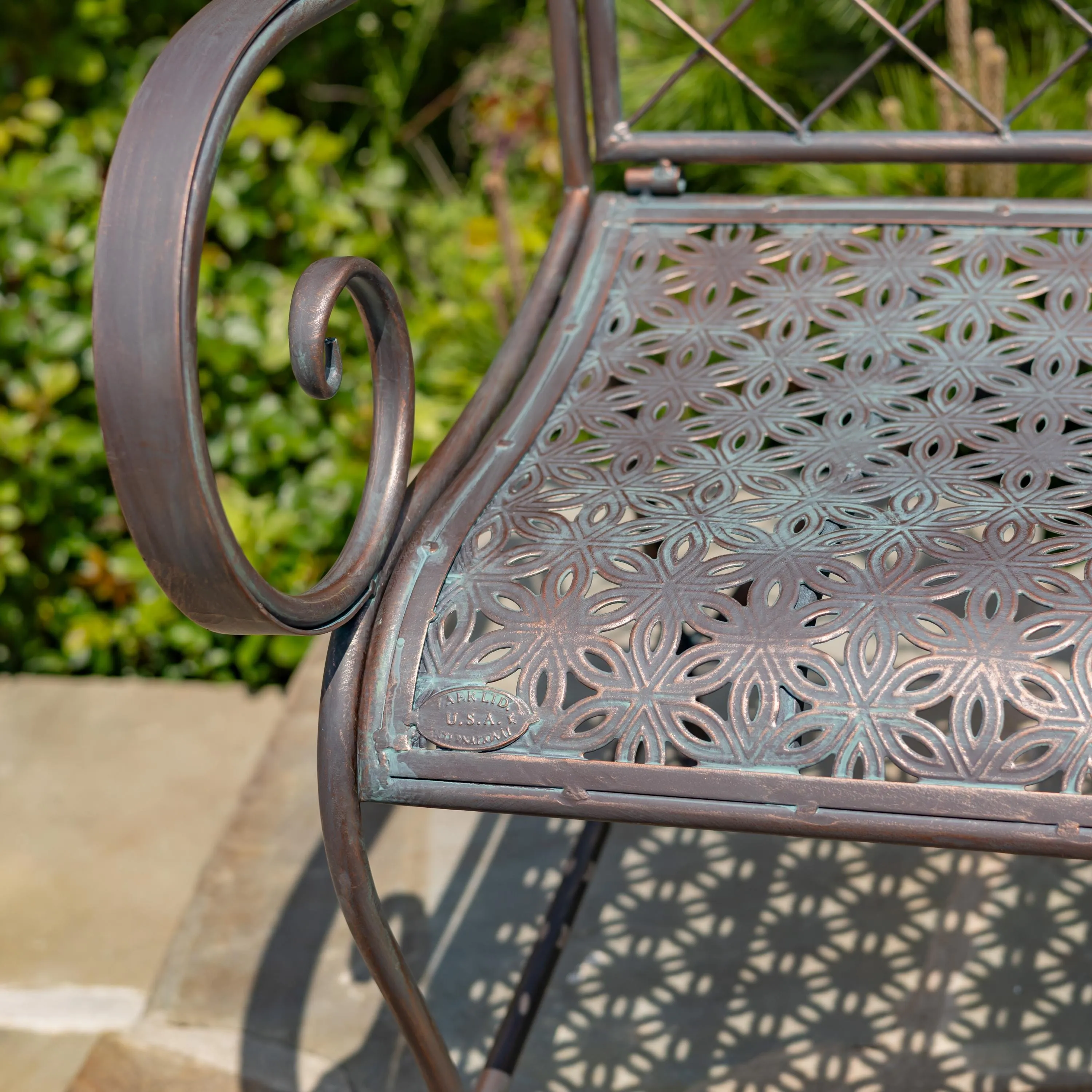 "Gunnison" Iron Garden Bench with Howling Wolf and Moon Silhouette