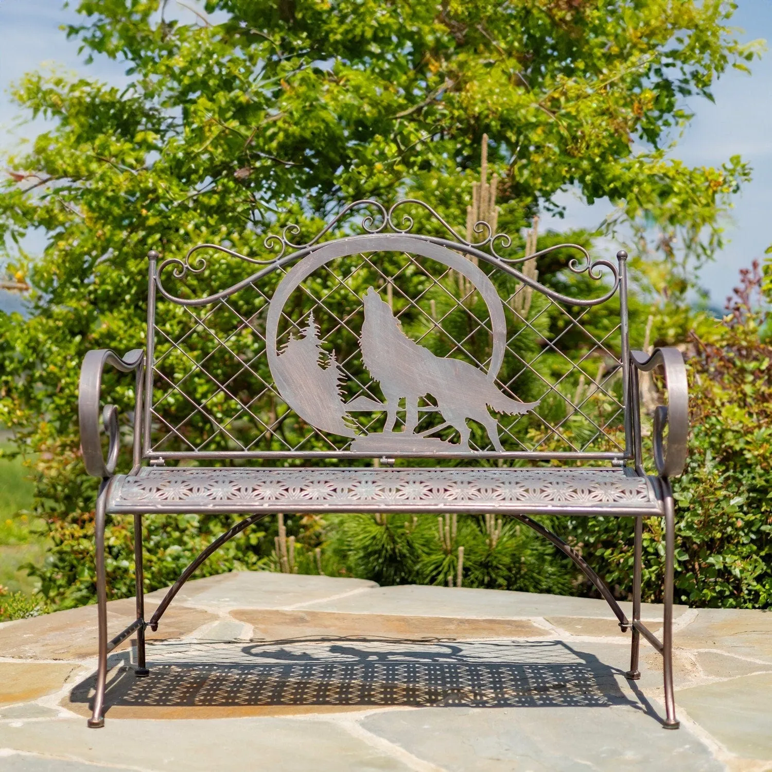 "Gunnison" Iron Garden Bench with Howling Wolf and Moon Silhouette