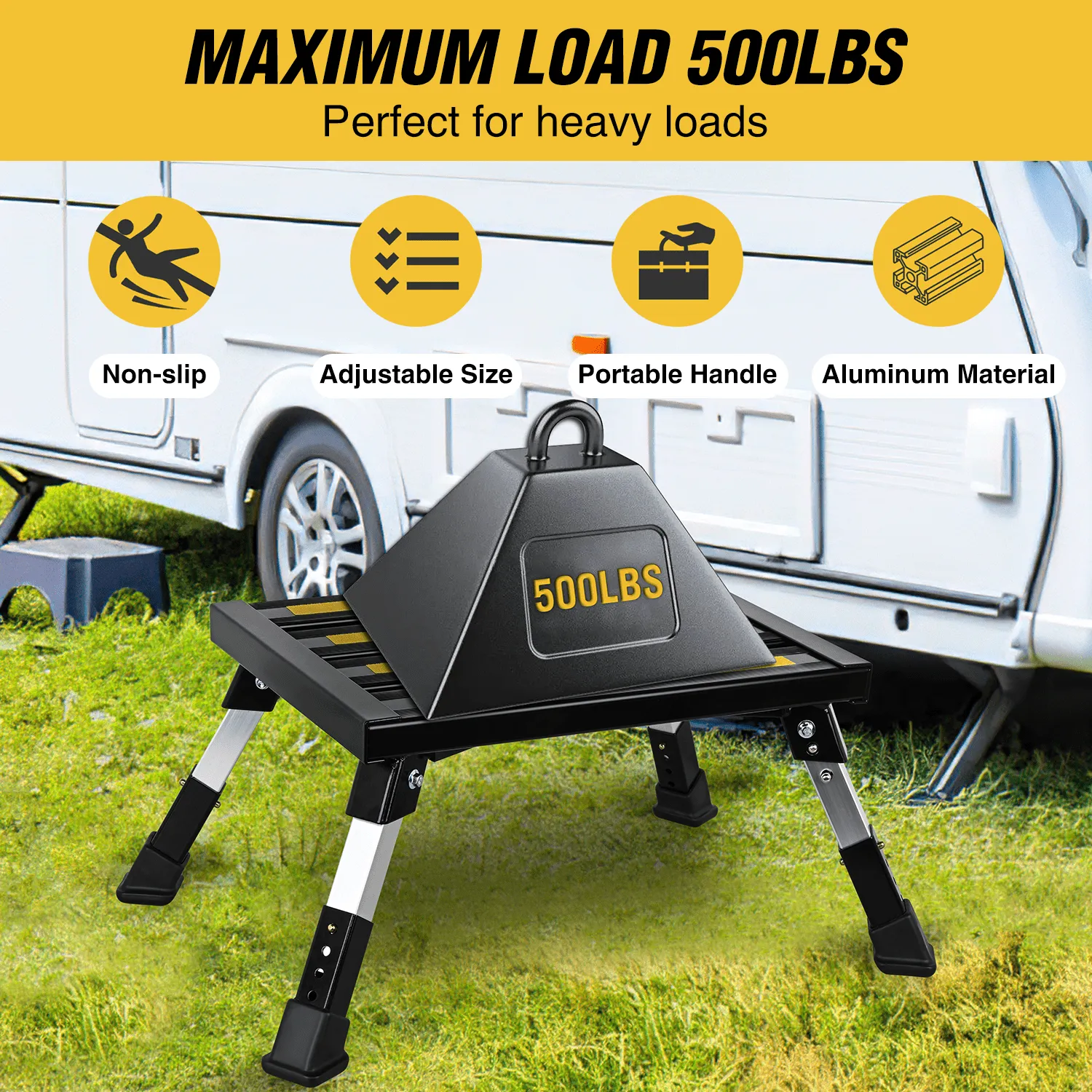 RV Black Folding Aluminum 4 Levels Adjustable Height Portable Platform Step