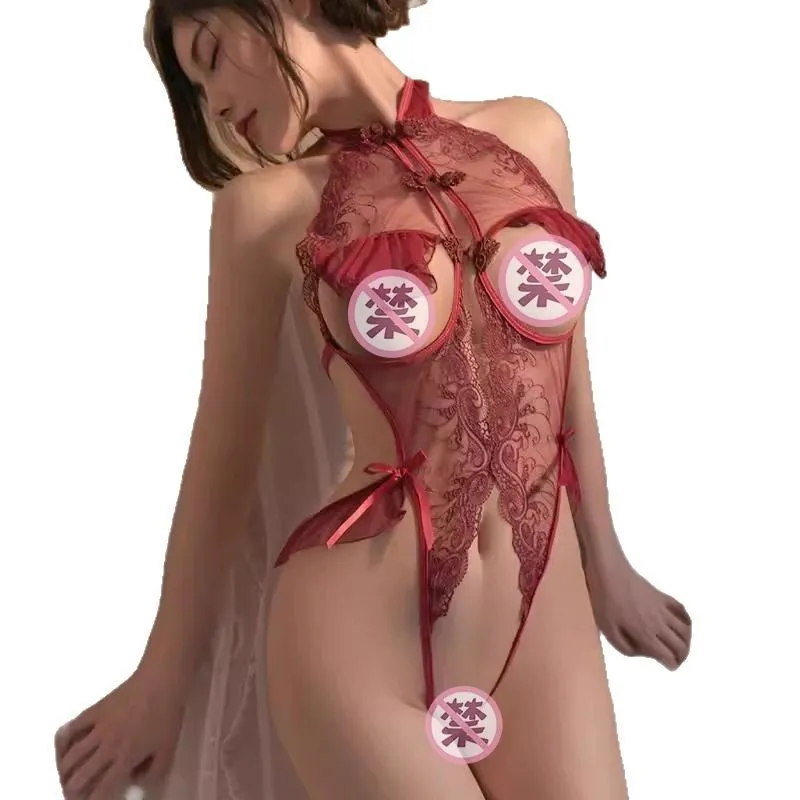 Sexy Nightgown High-End Plus Size Lace Strap Dress Cross-Cross Bodysuit Three-Point Chest-Exposing Lingerie