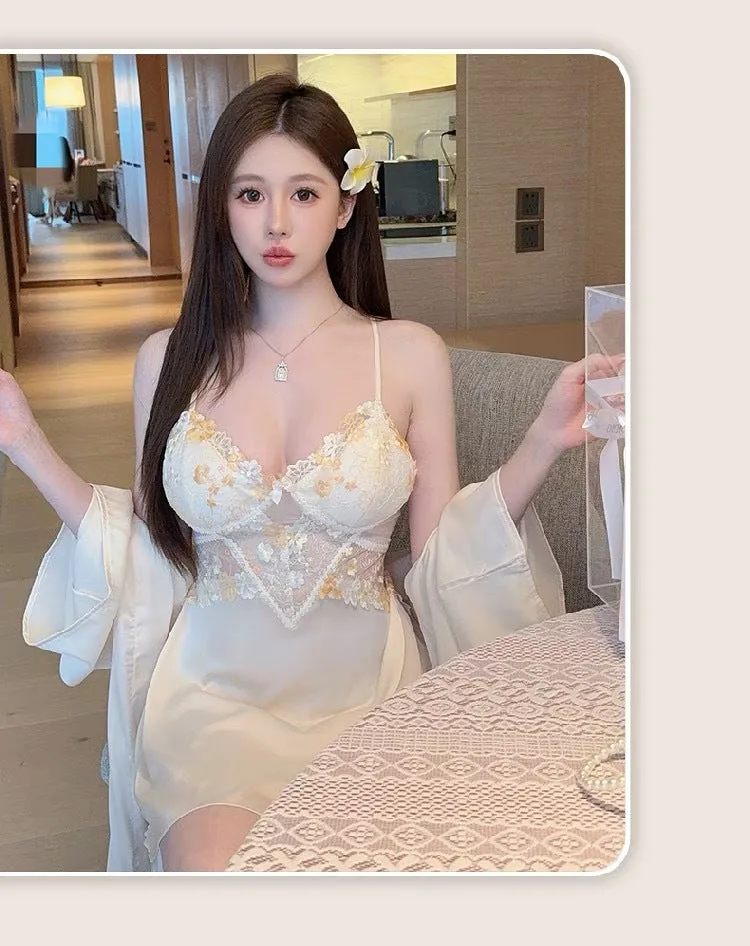 Summer New Ice Silk Pajamas Sexy V Lace Trim Slip Dress with Chest Pads, High-End Pure Desire Style Camisole