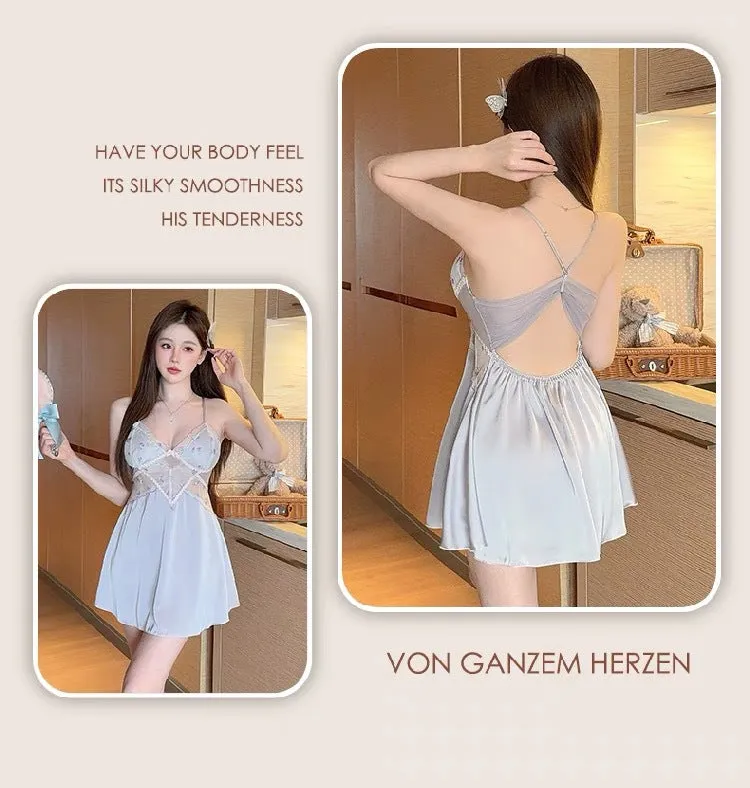 Summer New Ice Silk Pajamas Sexy V Lace Trim Slip Dress with Chest Pads, High-End Pure Desire Style Camisole