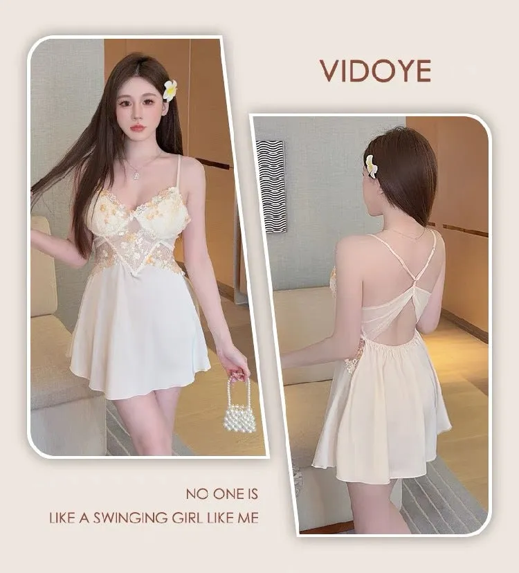Summer New Ice Silk Pajamas Sexy V Lace Trim Slip Dress with Chest Pads, High-End Pure Desire Style Camisole