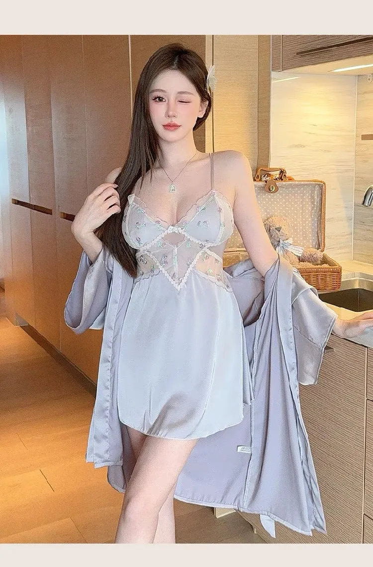 Summer New Ice Silk Pajamas Sexy V Lace Trim Slip Dress with Chest Pads, High-End Pure Desire Style Camisole