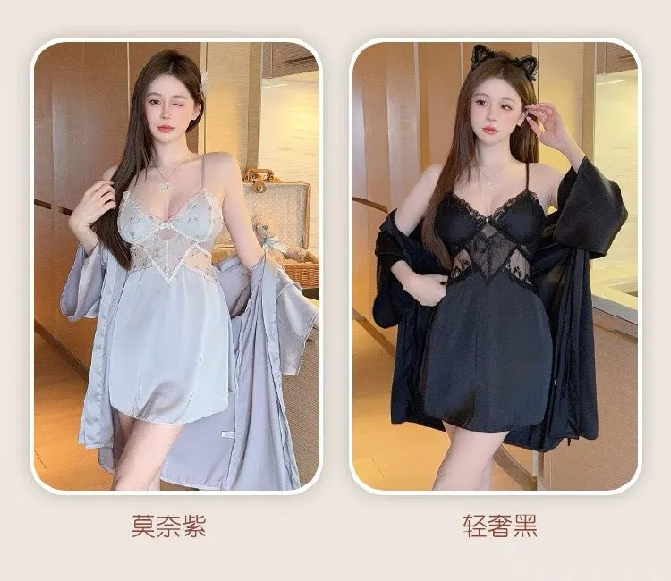 Summer New Ice Silk Pajamas Sexy V Lace Trim Slip Dress with Chest Pads, High-End Pure Desire Style Camisole