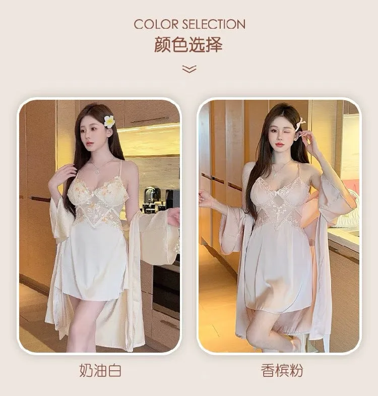 Summer New Ice Silk Pajamas Sexy V Lace Trim Slip Dress with Chest Pads, High-End Pure Desire Style Camisole