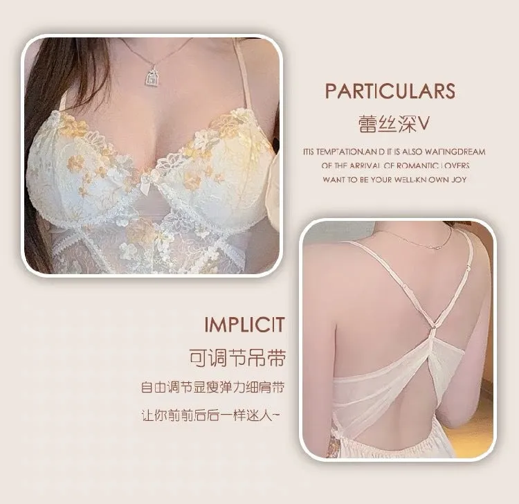 Summer New Ice Silk Pajamas Sexy V Lace Trim Slip Dress with Chest Pads, High-End Pure Desire Style Camisole